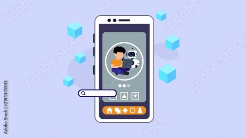 AI mobile application interface showing robot and student on smartphone screen cartoon animation