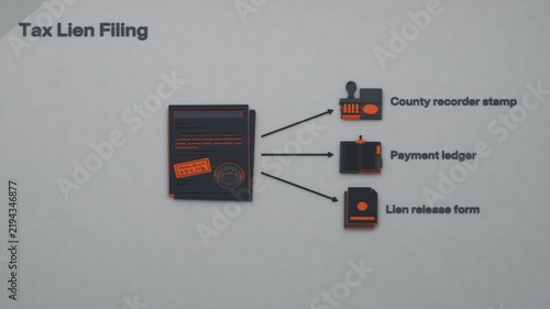 Recording a tax lien encumbers the property title and tracks outstanding arrears pending payment and release. Flat 3D style; objects labelled in English.