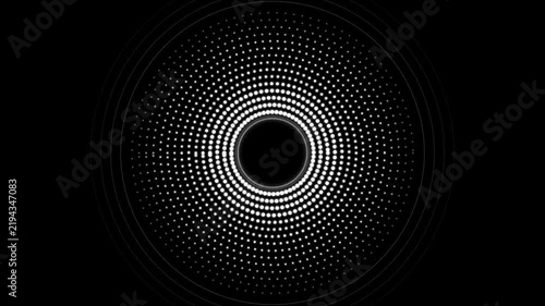 Rotating Circular Halftone Dot Tunnel with Glowing White Rings on Black Background for Futuristic Digital Technology and Motion