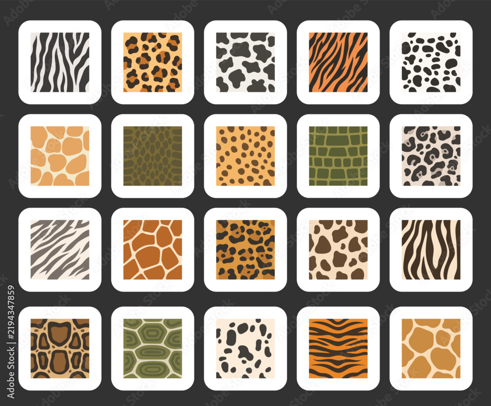 Fototapeta premium Animal print set featuring zebra leopard cow tiger dalmatian giraffe viper cheetah crocodile jaguar python turtle stripes spots ornament texture