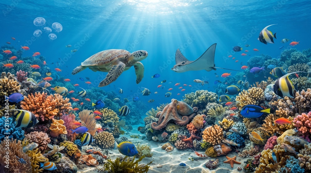 Fototapeta premium Sea turtle and stingray swimming over a vibrant coral reef. Detailed underwater ecosystem. Marine life photograph featuring colorful tropical fish octopus and jellyfish in crystal blue ocean
