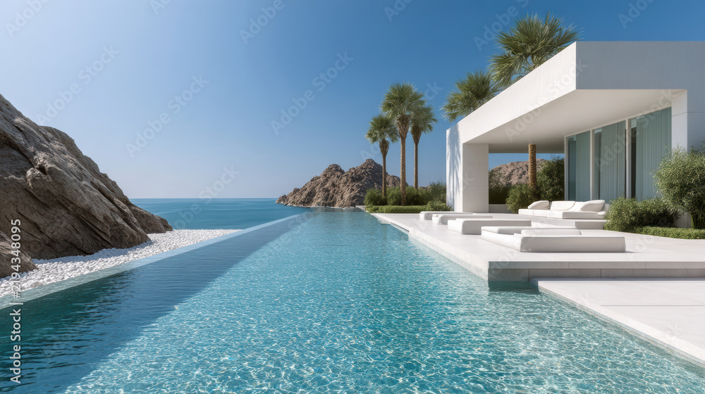 Fototapeta premium Modern luxury villa with infinity pool, ocean view, palm trees, white minimalist architecture, serene atmosphere
