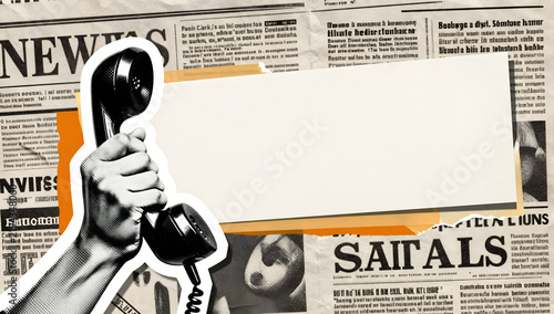 Breaking News Call: A retro telephone receiver is held up against a backdrop of vintage newspapers, offering a blank space for a breaking news headline or important message.