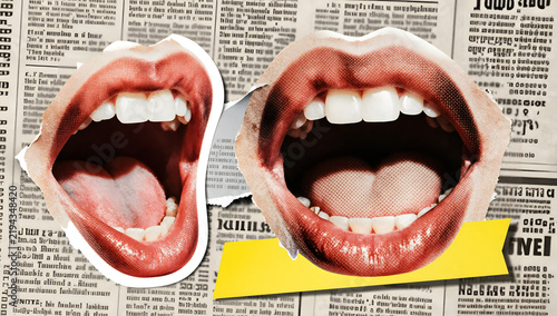 Overlapping Mouths on Newspaper: Two open mouths with visible teeth and tongues, overlapping and cut out against a backdrop of torn newspaper pages.
