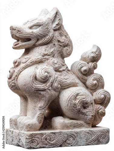 Ancient Stone Komainu Guardian Lion Statue Isolated On White Background