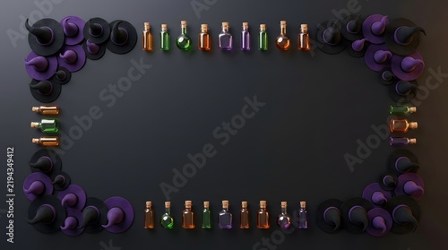 Halloween Witch Hat And Potion Bottle Arrangement With Magical Colors On Golden Background For Spooky Seasonal Design