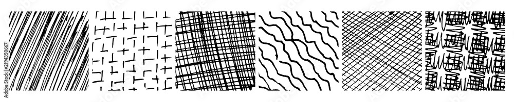 Fototapeta premium Set of monochrome hand-drawn crosshatch textures
