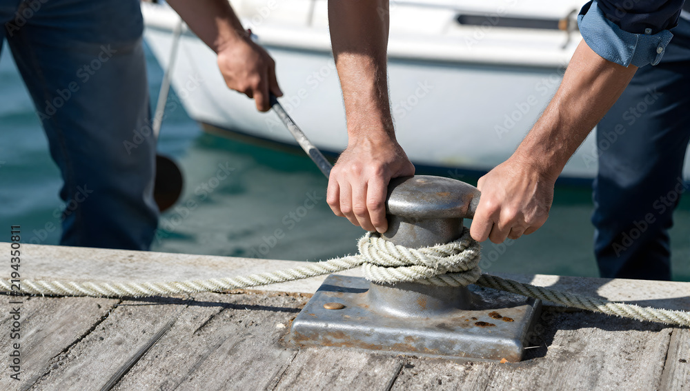 Obraz premium Securing the Vessel: Hands work together to expertly tie a sturdy rope around a polished metal mooring bollard on a wooden pier, ensuring the boat's safety against the calm blue water.