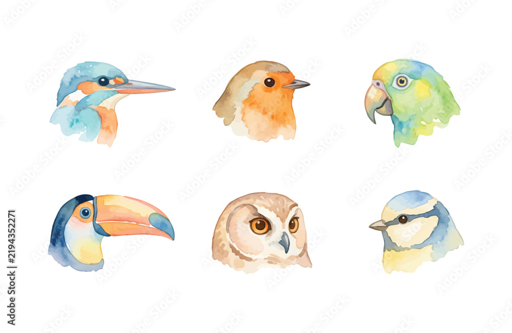 Obraz premium Watercolor Bird Head Icon Set Isolated on White Background