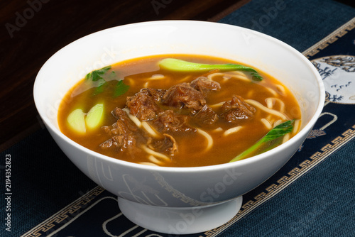 Braised Beef Noodle Soup. Chinese Beef and Vegetable Noodle Close-up