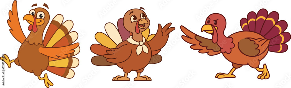 Obraz premium Three cartoon turkeys with varying expressions showcase a colorful vector illustration style turkey