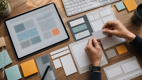 Top down design sprint desk with blank UX component cards