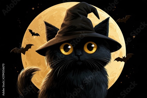 Cute black cat wearing a witch hat against a large glowing full moon for Halloween celebration