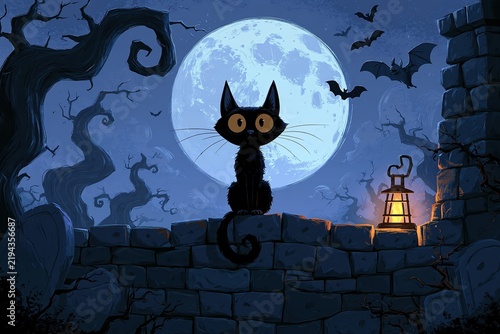 Cute black cat sitting on a stone wall under a full moon in a spooky Halloween cartoon landscape