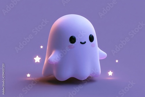 A cute little ghost character floating with glowing stars on a soft purple Halloween background