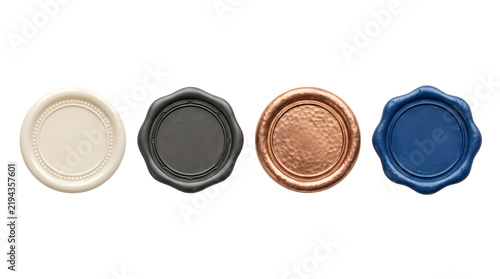 Collection of decorative wax seals in assorted colors featuring round shapes, scalloped edges, raised borders and textured surfaces