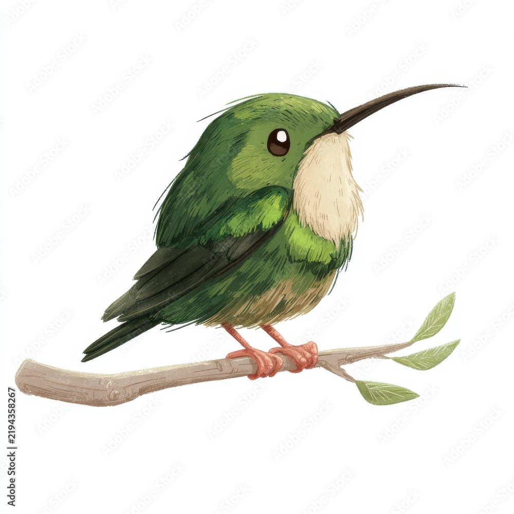 Fototapeta premium Cute Little Green Hummingbird Perched On A Tree Branch Against A White Background Digital Illustration