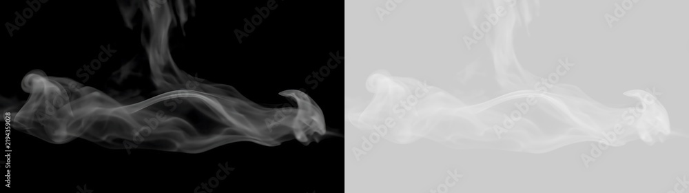 Obraz premium White smoke and steam cloud overlay isolated on black and transparent background. Realistic vapor fog effect for design and vfx