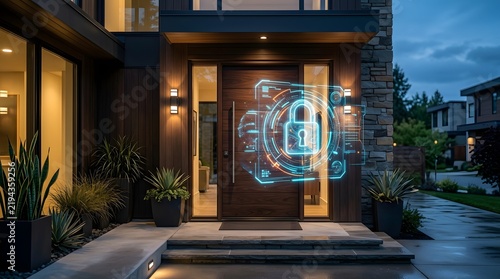 Futuristic holographic lock interface floating over a modern house entrance