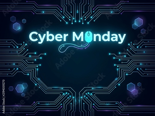Cyber monday sale background with futuristic circuit board design and glowing computer mouse illustration