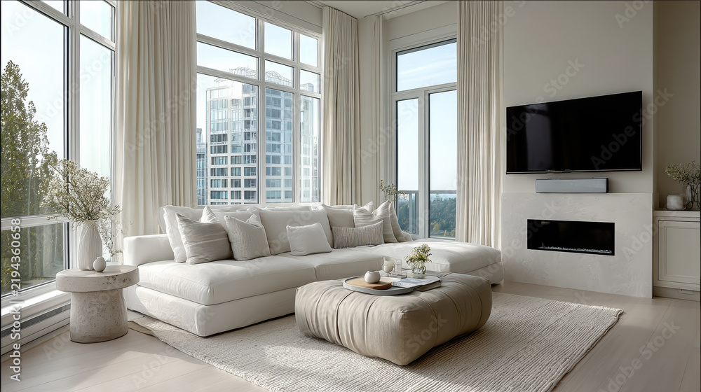 Obraz premium Modern light airy living room with large windows, white sofa, neutral decor, natural light, cozy atmosphere
