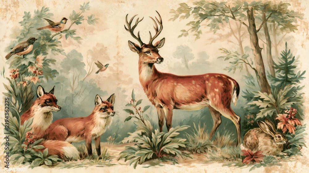 Fototapeta premium Deer, foxes, rabbit, and birds in a retro nature scene