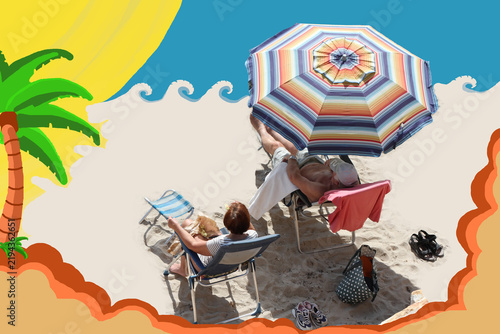 Obraz na plátně Sol y playa con sombrilla, bañistas y dibujo ilustración editable verano de vaca