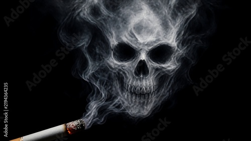 Danger of smoking concept with a glowing cigarette and spooky human skull made of swirling smoke on black