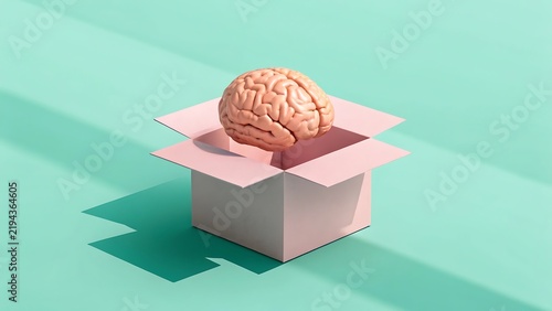 A 3D minimalist render of a human brain floating above an open pink cardboard box on turquoise background