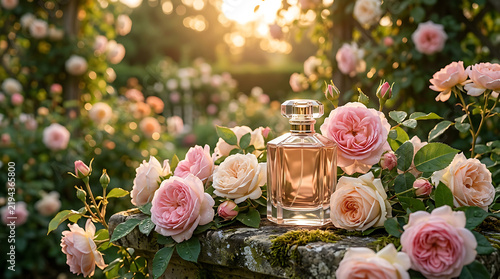 Perfume bottle among blooming roses in garden.