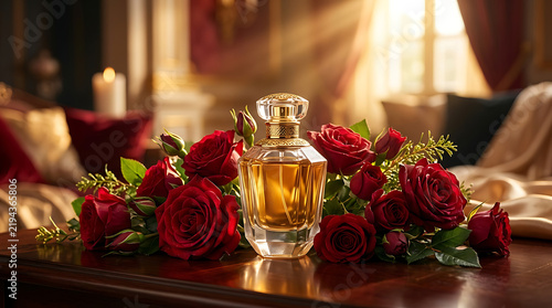 Perfume bottle surrounded by red roses indoors.