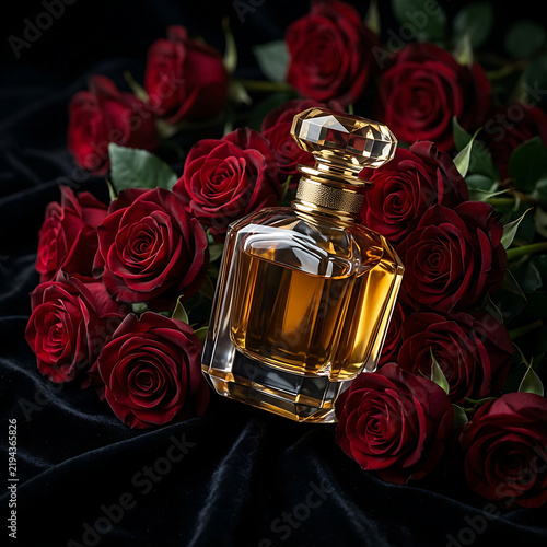 Perfume bottle with red roses on dark velvet.