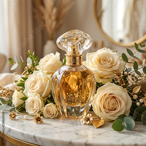 Golden perfume bottle with cream roses luxury fragrance.