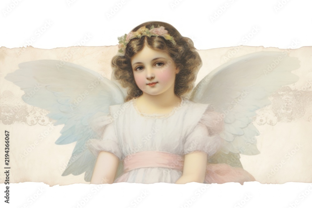 Fototapeta premium Adhesive tape is stuck on a angel ephemera collage adult white background representation.