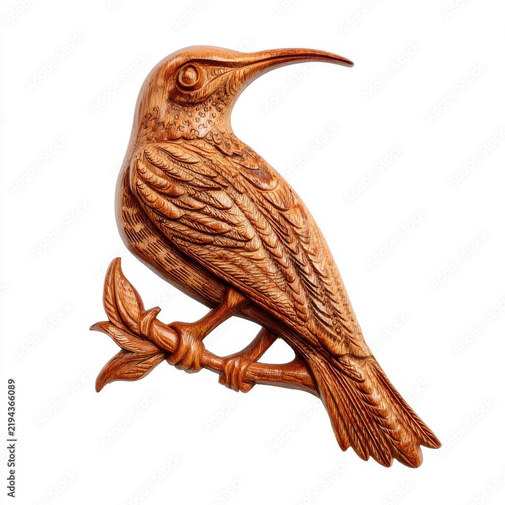 Obraz premium Hand Carved Wooden Hummingbird Ornament On A Branch Isolated On A Crisp White Background