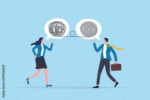 Difficult conversation, communication to solve problem, conflict or misunderstanding, talk or dialogue argument, disagreement challenge, business people talk with tangled chaos knot to solution.