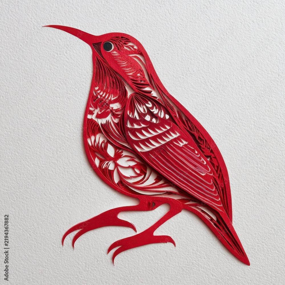 Obraz premium Intricate Red Laser Cut Hummingbird Paper Craft Art On Sparkling Silver Textured Background