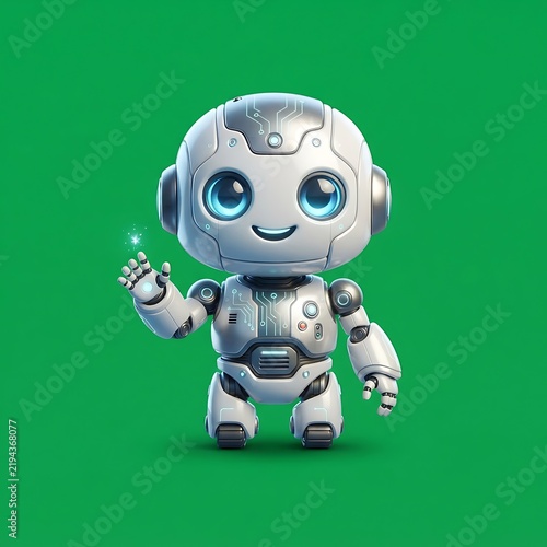 A cute friendly robot character waving hello on a solid green background icon