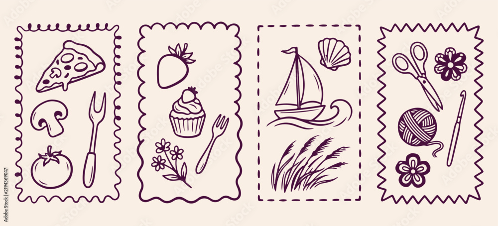 Fototapeta premium sweet dessert bakery cafe stamp set, strawberry cream frosted cupcake line art, sailing yacht boat ocean cruise sketches, maritime coastal sea wave travel drawings, confectionery pastry chef snack gra