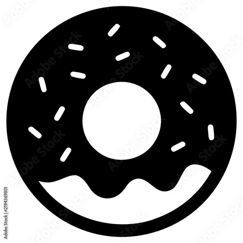 Minimalist donut icon with sprinkles graphic design element for culinary branding with flat black silhouette circular donut decorative sprinkles
