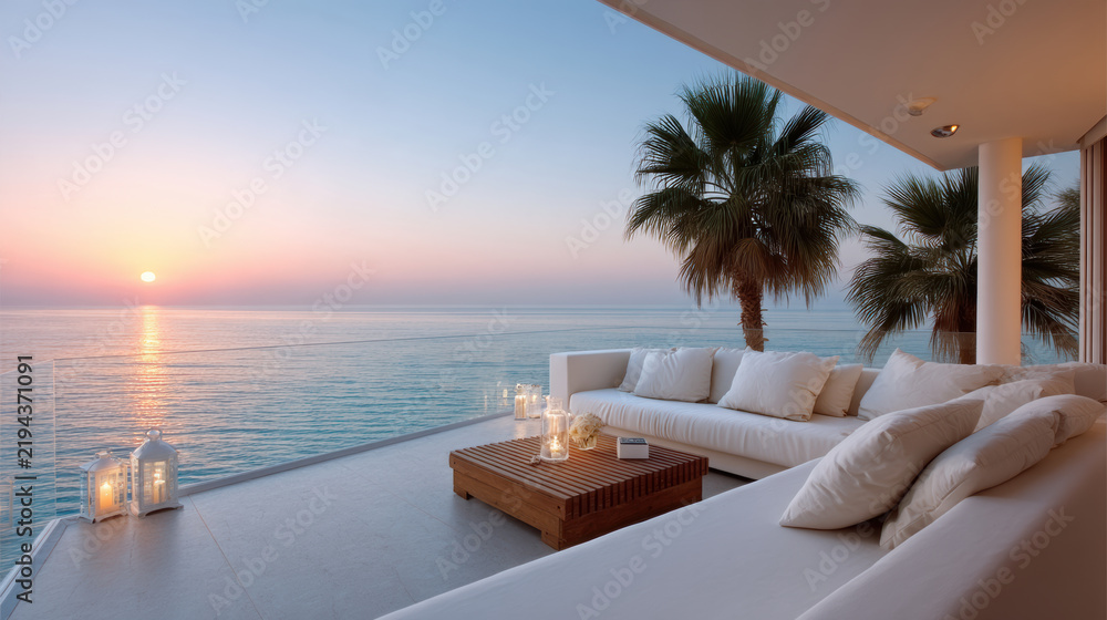 Obraz premium Luxury modern oceanfront balcony with white sofa, palm tree, sunset, serene sea view, relaxing atmosphere