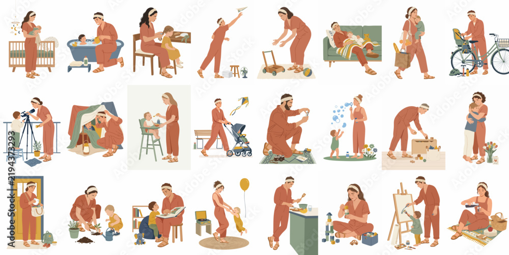 Fototapeta premium Collection of flat illustrations depicting a father's daily life and bonding activities with his children, including playing, caregiving, and household chores.