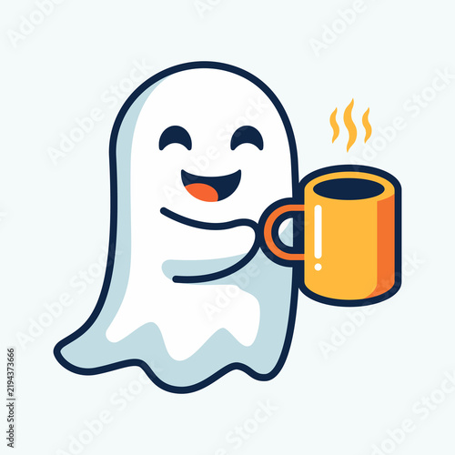 Obraz na plátně Cute Cartoon Ghost Holding a Steaming Coffee Mug Illustration