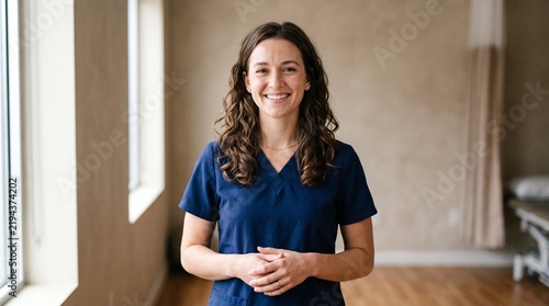 Smiling Female Nurse in Medical Scrubs Standing Indoors