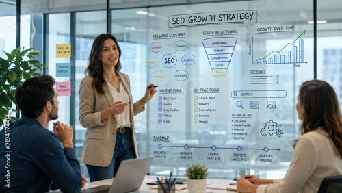 businesswoman presents an SEO growth strategy to colleagues in a modern office, using a transparent board with charts and notes.
