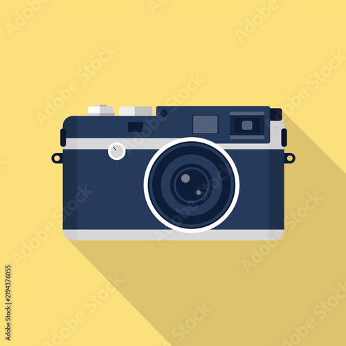 Flat vector icon of a classic navy blue and silver analog camera. Flat vector icon of a classic analog camera. Navy blue and silver retro camera illustration.