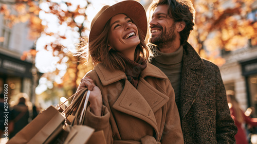 Smiling couple shopping together on a sunny autumn afternoon in a stylish city street