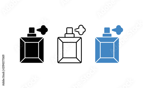 Perfume bottle icon set, fragrance spray bottle symbols in black and blue, cosmetic glass bottle vector illustrations for beauty branding