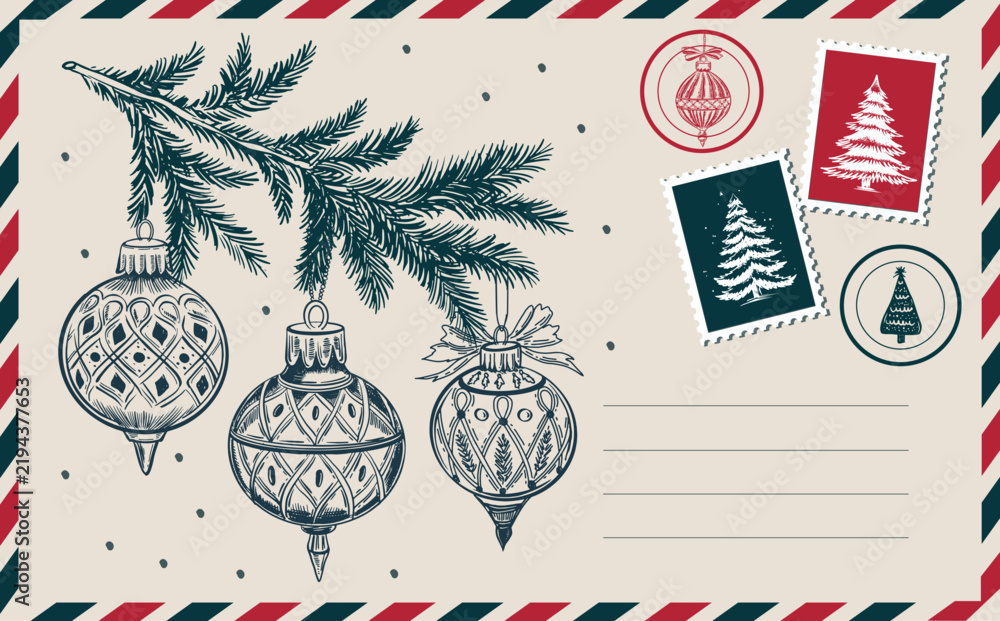 Fototapeta premium Christmas postcard with ball and branch tree New Year card 