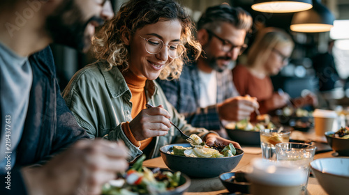 Friends and coworkers enjoying healthy salads together at a casual restaurant lunch table